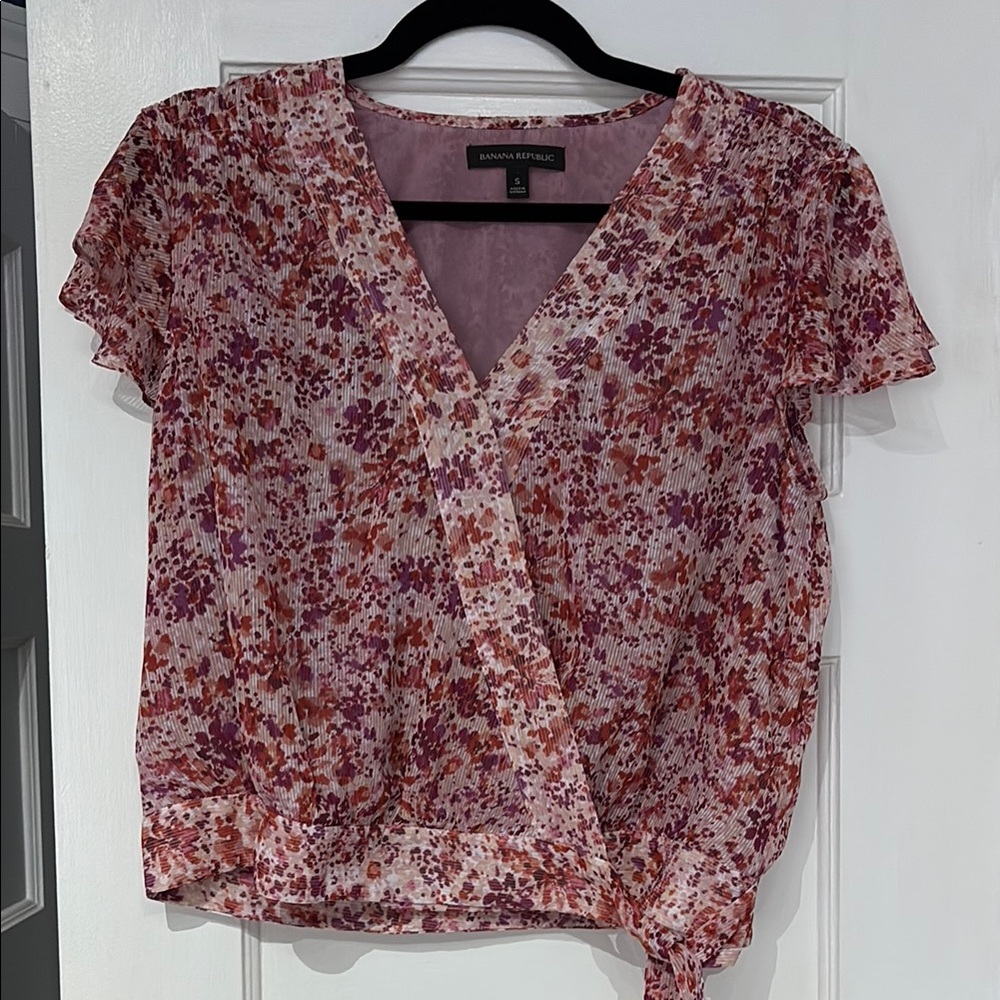 Banana Republic Orange and Pink Wrap Blouse with Cap Sleeves